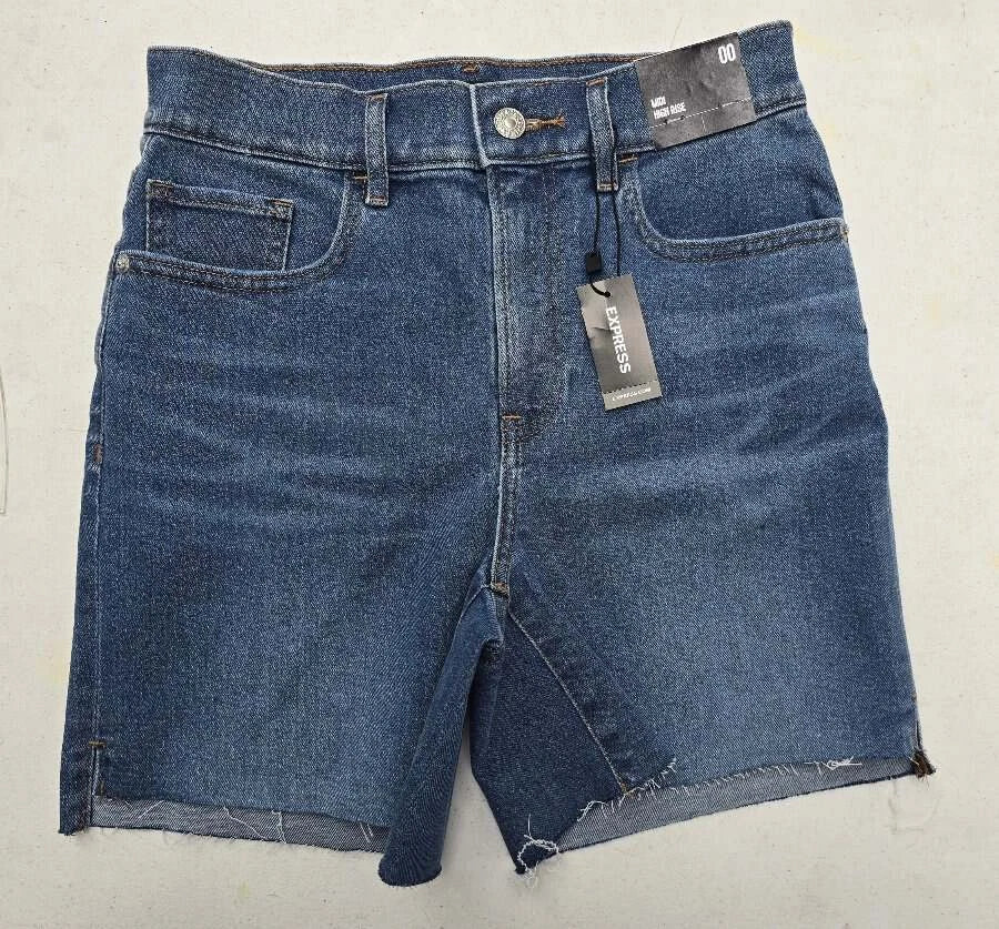 NWT EXPRESS Women's High Rise Jean Shorts Size 00R Blue Midi 100% Cotton Denim Shorts